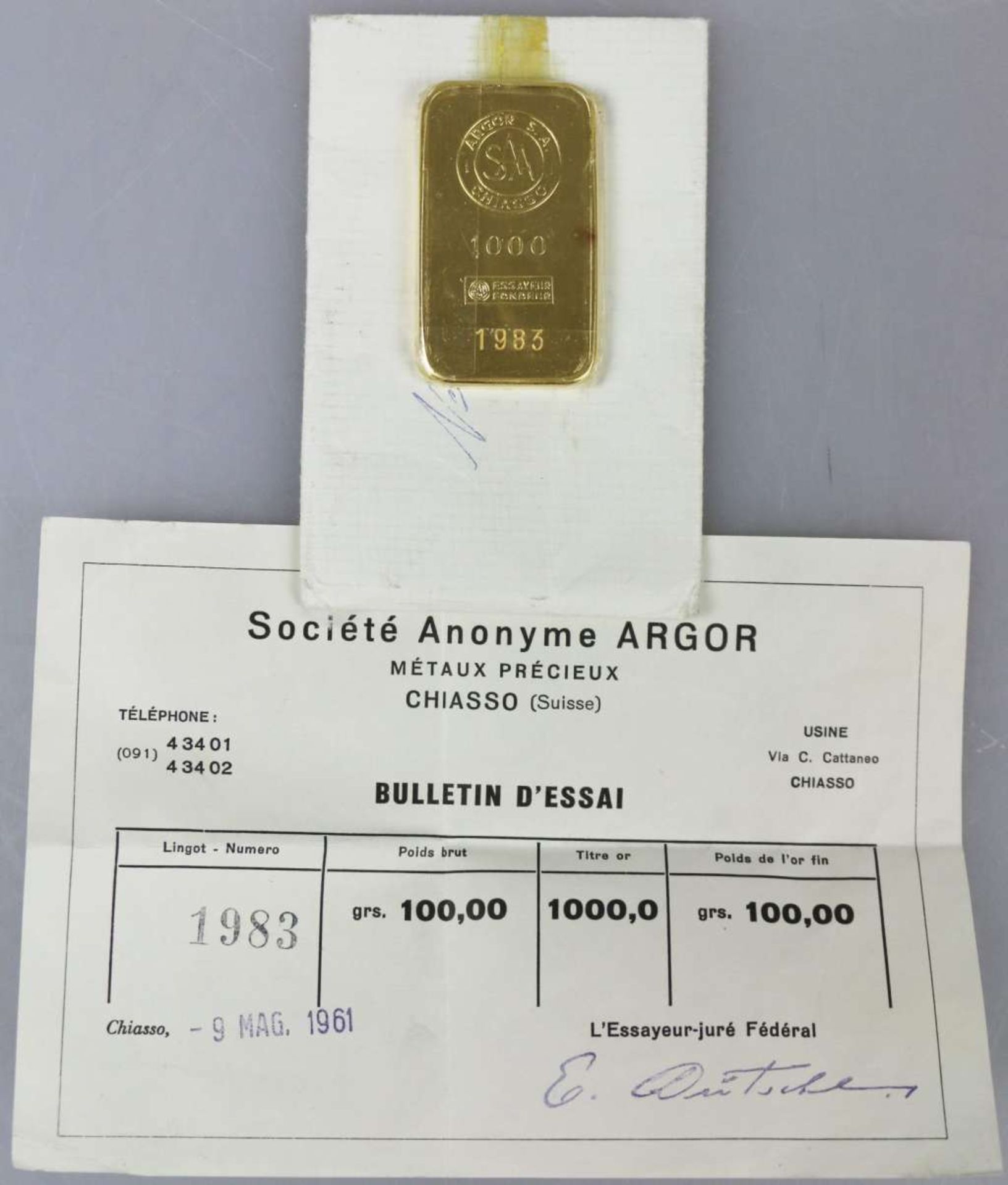 Goldbarren 100 Gramm bez. "ARGOR S.A. CHIASSO 1000 ESSAYEUR FONDEUR", Nr. 1983 von 1961