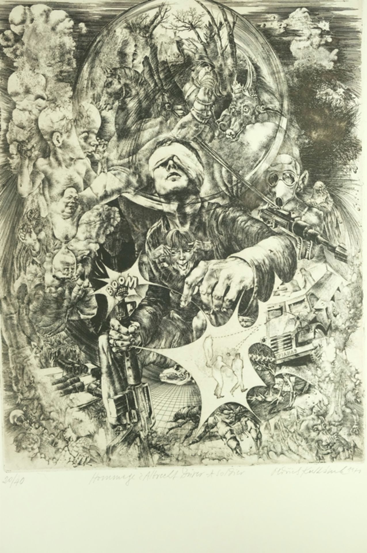 KULHANEK Oldrich "Hommage à Albrecht Dürer - A Soldier", in der Bildmitte ein Soldat, um ihn herum