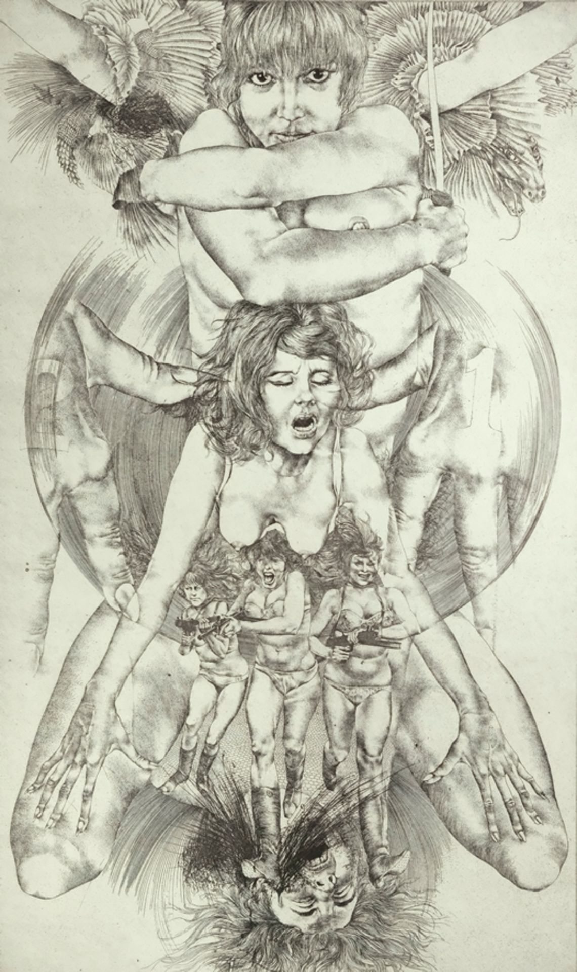 KULHANEK Oldrich "Das Geschrei", Darstellung mehrere Frauen, schreiend, teilweise bewaffnet, Radier