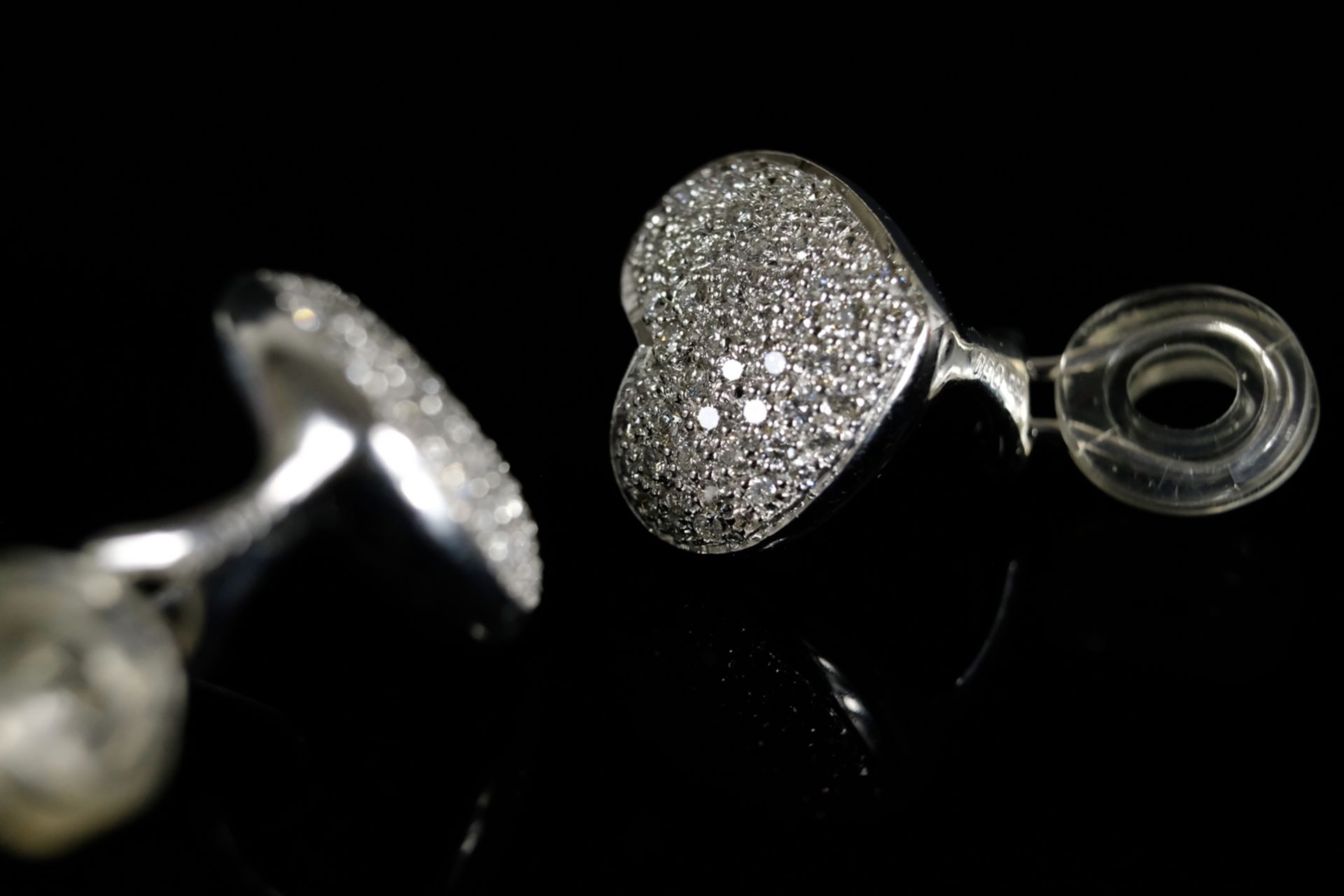 PAIR OF BRILLIANT HEART EARPLACES, each set with just under 60 brilliant-cut diamonds, around 1ct, - Image 2 of 3