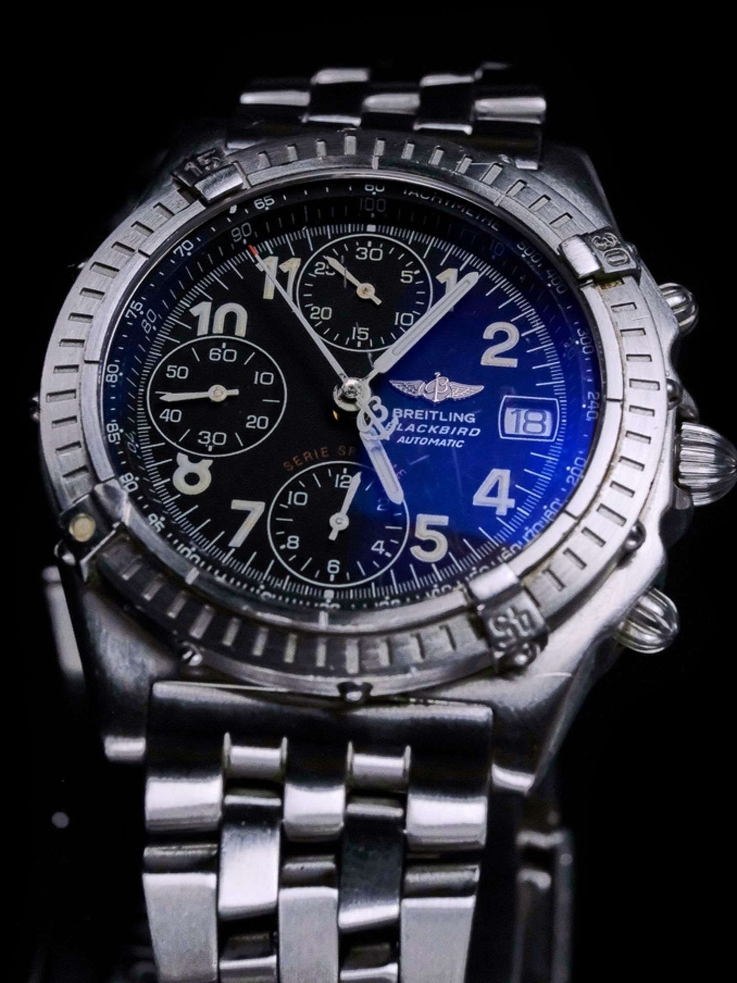 BREITLING WATCH Chronographe "Blackbird", dark blue dial with white Arabic numerals, white hands, l