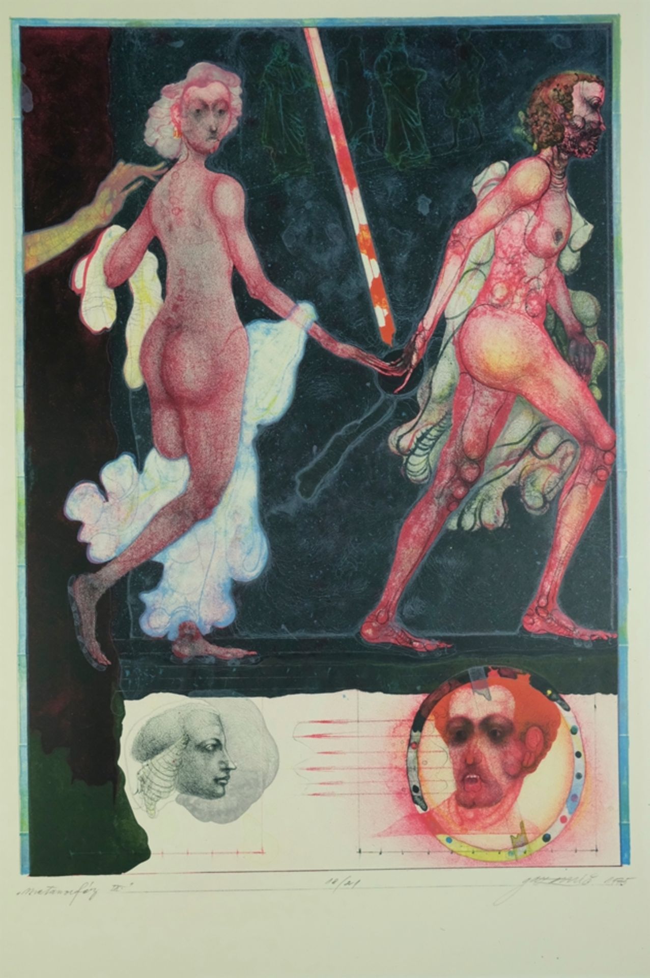 GAZOVIC Vladimir "Metamorphose IX", Abbildung mehrerer Personen, diese in Rot gehalten, Farblithogr