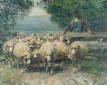 Heinrich von Zügel – Schafhirte am Weidezaun, die Herde herauslassend
