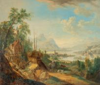 Johann Christian Vollerdt – Flusslandschaft mit Mühle und Burg auf einem Hügel