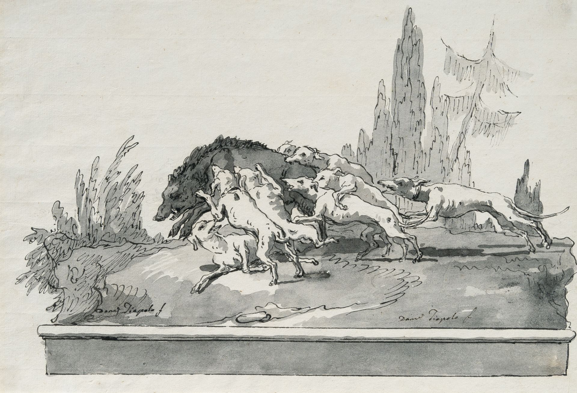 Giovanni Domenico Tiepolo – Jagdhunde reißen einen Eber