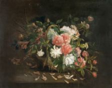 Iphigénie decaux – Blumenstillleben mit weißen und roten Rosen in einem Korb