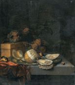 Jacob van Walscapelle (Nachfolge) – Stillleben mit Austern, Kastanien, Weinglas und einer Zitrone