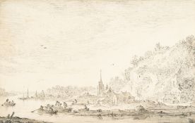Jan van Goyen – Flusslandschaft mit Kirchdorf am Fuße eines steilen Hügels