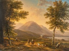 Victor de Grailly – Südliche Landschaft mit Reisenden, in Hintergrund ein Gebirgsmassiv