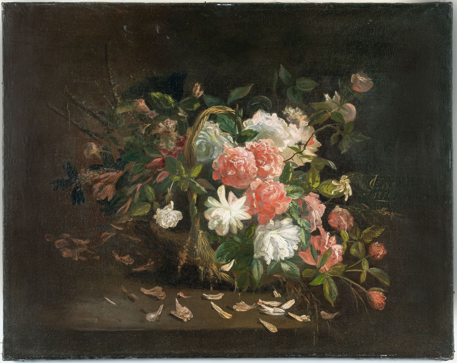 Iphigénie decaux – Flower still life with red and white roses in a basket - Image 2 of 4