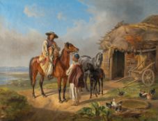 Albrecht Adam – Ein Apfelschimmel, ein Brauner mit Reiter und ein Rappfohlen vor ungarischer Landsch