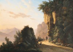 Karl Millner – Besonnter Weg mit steiler Felswand an einem Gebirgssee (Lago Maggiore)