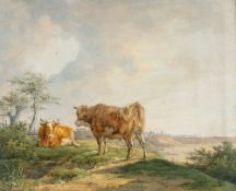 Max Joseph Wagenbauer – Zwei Rinder auf dem rechten Isarufer bei Föhring