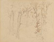 Adrian Ludwig Richter – Baumlandschaft mit zwei Wanderern und Frau auf einem Esel