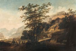 Claesz Jansz. van der Willigen (Zugeschrieben) – Bergige Flusslandschaft mit Dorf, im Hintergrund ei