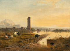 Heinrich Bürkel – Landschaft in den Pontinischen Sümpfen mit den Ruinen von Ninfa und Blick auf Sezz