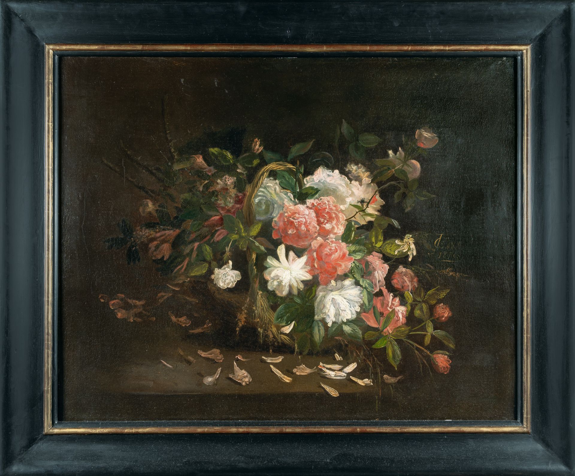 Iphigénie decaux – Flower still life with red and white roses in a basket - Image 4 of 4