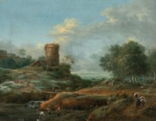 Johann Christian Brand – Baumbestandene Flusslandschaft mit Turm und bäuerlicher Staffage