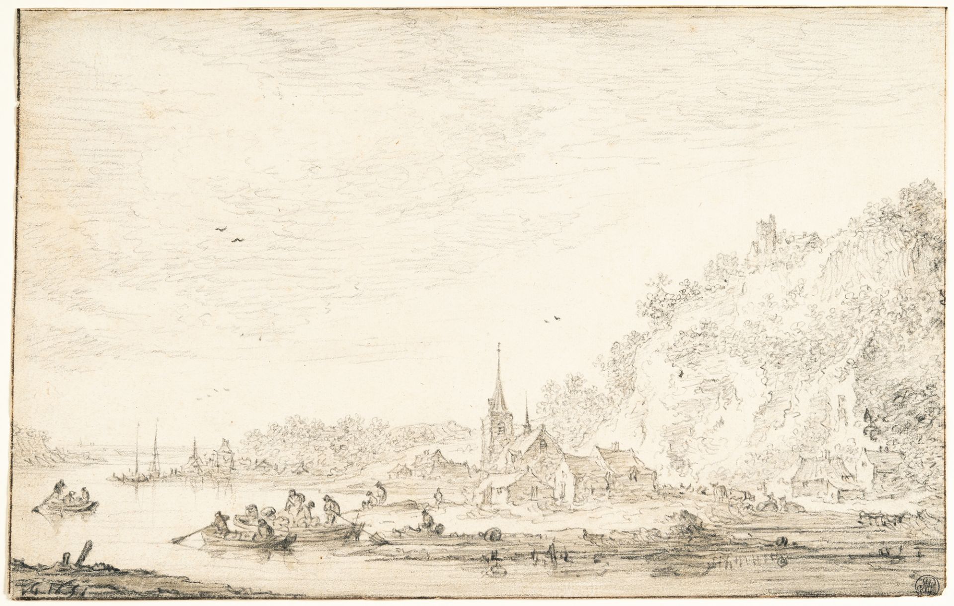 Jan van Goyen – Flusslandschaft mit Kirchdorf am Fuße eines steilen Hügels - Bild 2 aus 3