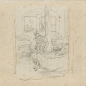 Wilhelm Busch – 2 Bll.: Interieur mit sitzendem Mann von hinten (verso: Schlafender Hund) – Zwei gro