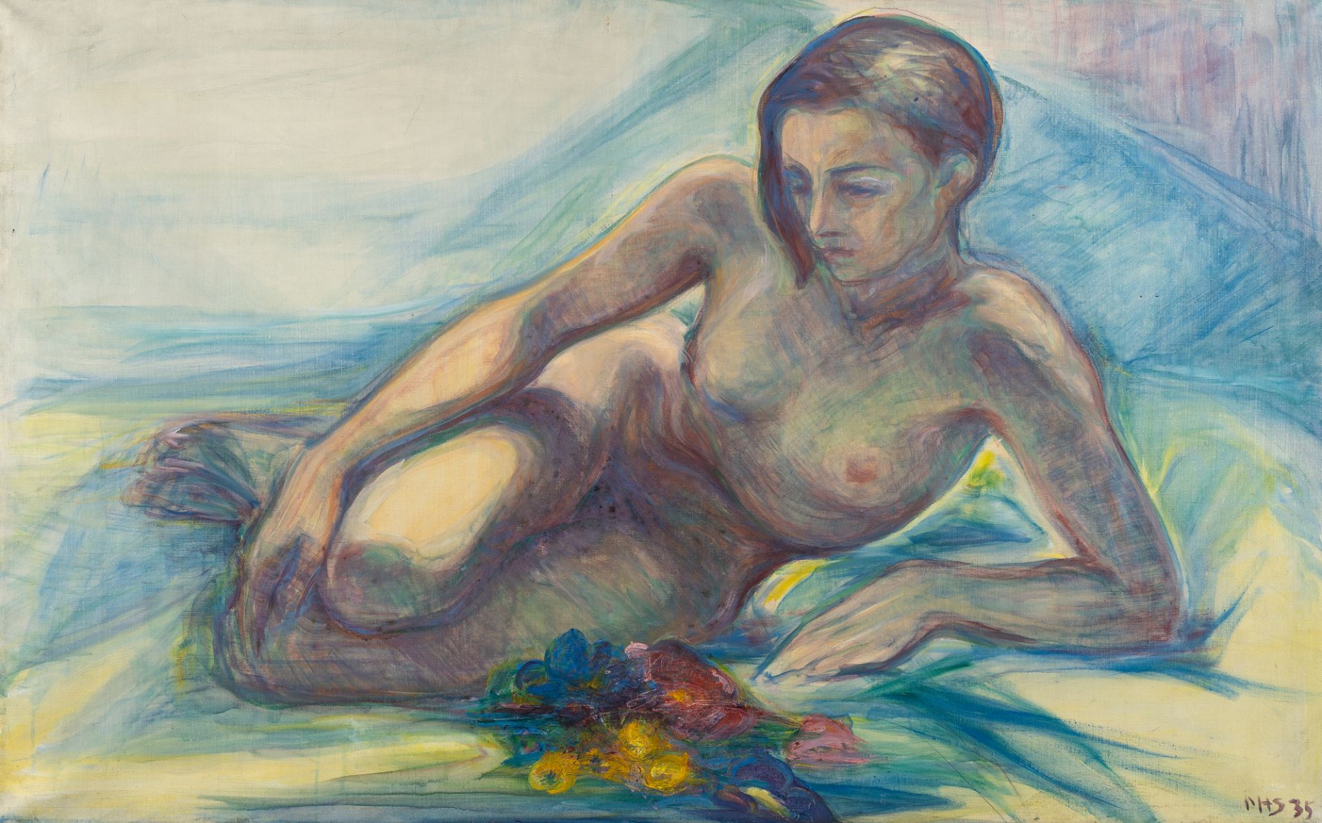 Maria von Heider-Schweinitz (1894 Darmstadt - Frankfurt/Main 1974), Recumbent nude with flowersOil