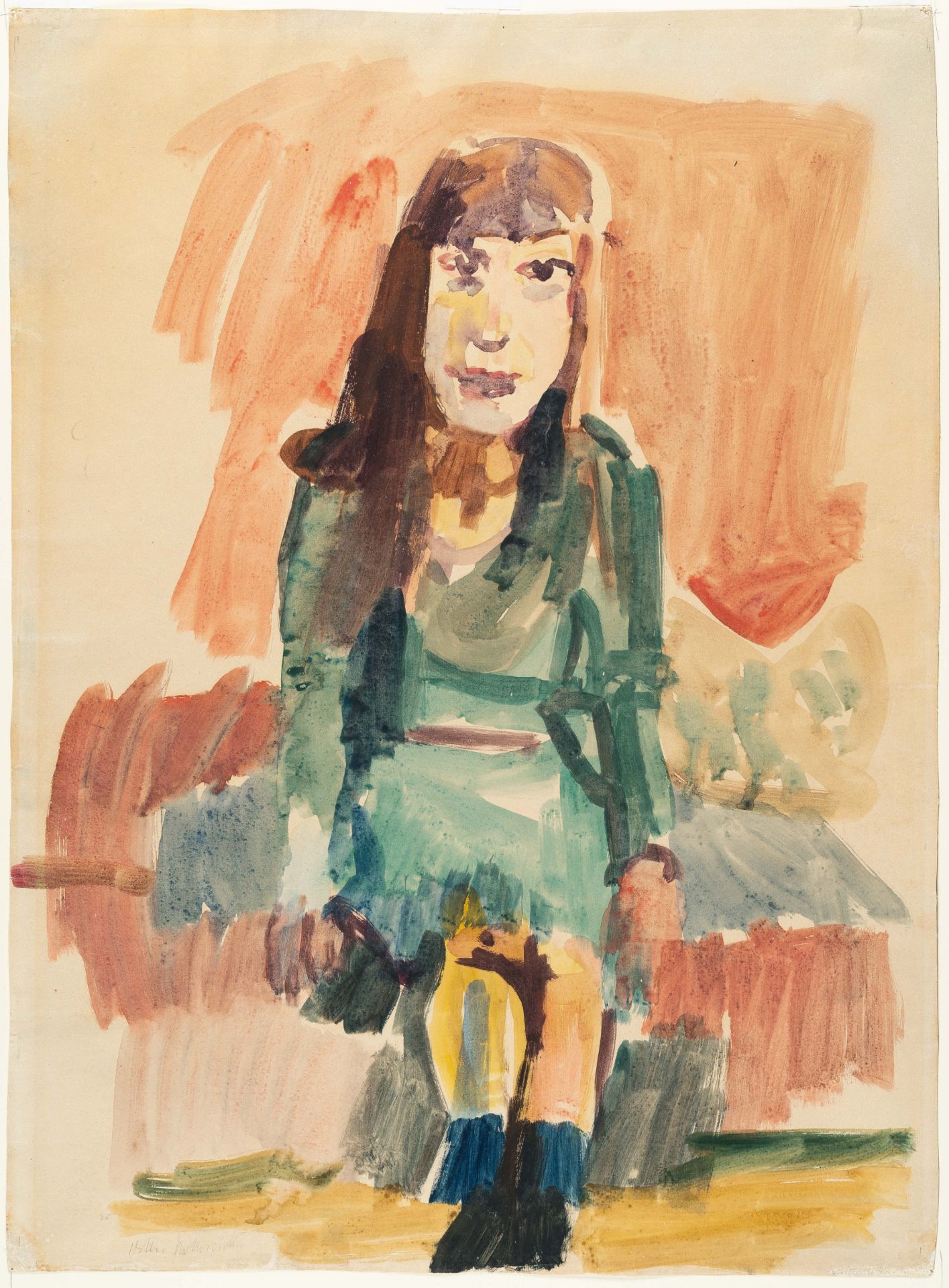 Oskar Kokoschka (1886 Pöchlarn bei Wien - Montreux 1980), Seated girl in a green dressWatercolour on - Image 2 of 3