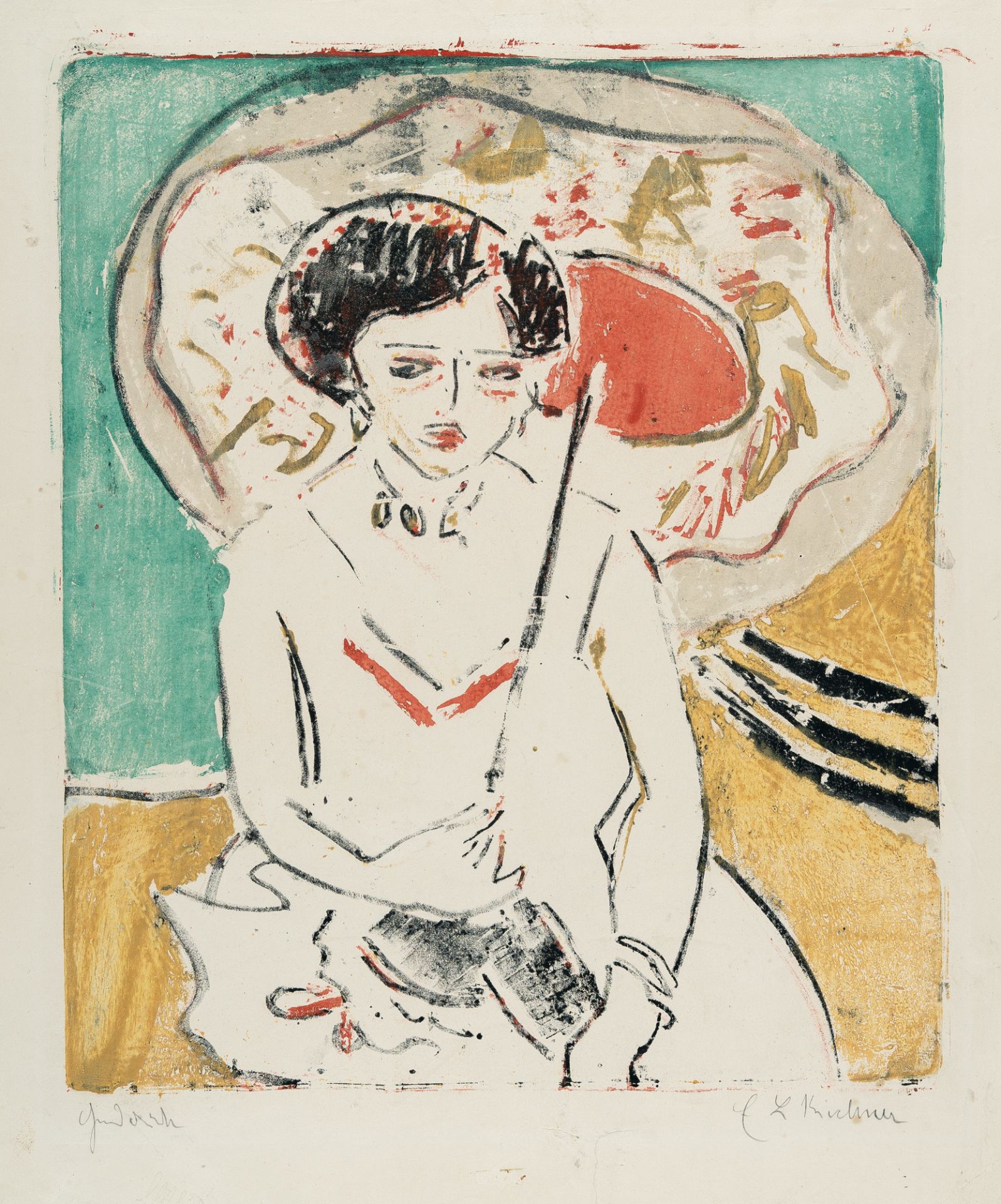 Ernst Ludwig Kirchner (1880 Aschaffenburg - Frauenkirch/Davos 1938) – Dodo mit japanischem Schirm (D