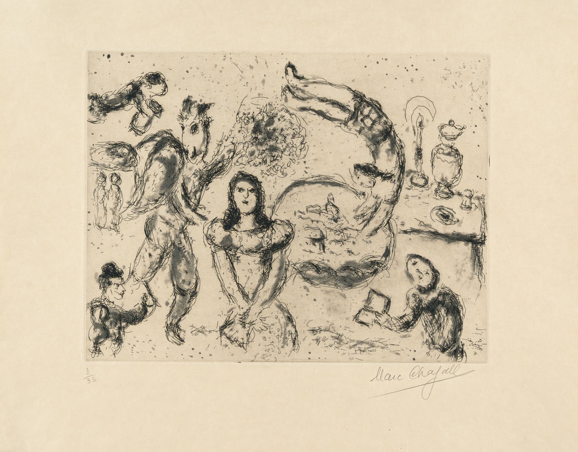 Marc Chagall (1887 Witebsk - Saint-Paul-de-Vence 1985), L'acrobate au villageEtching with aquatint