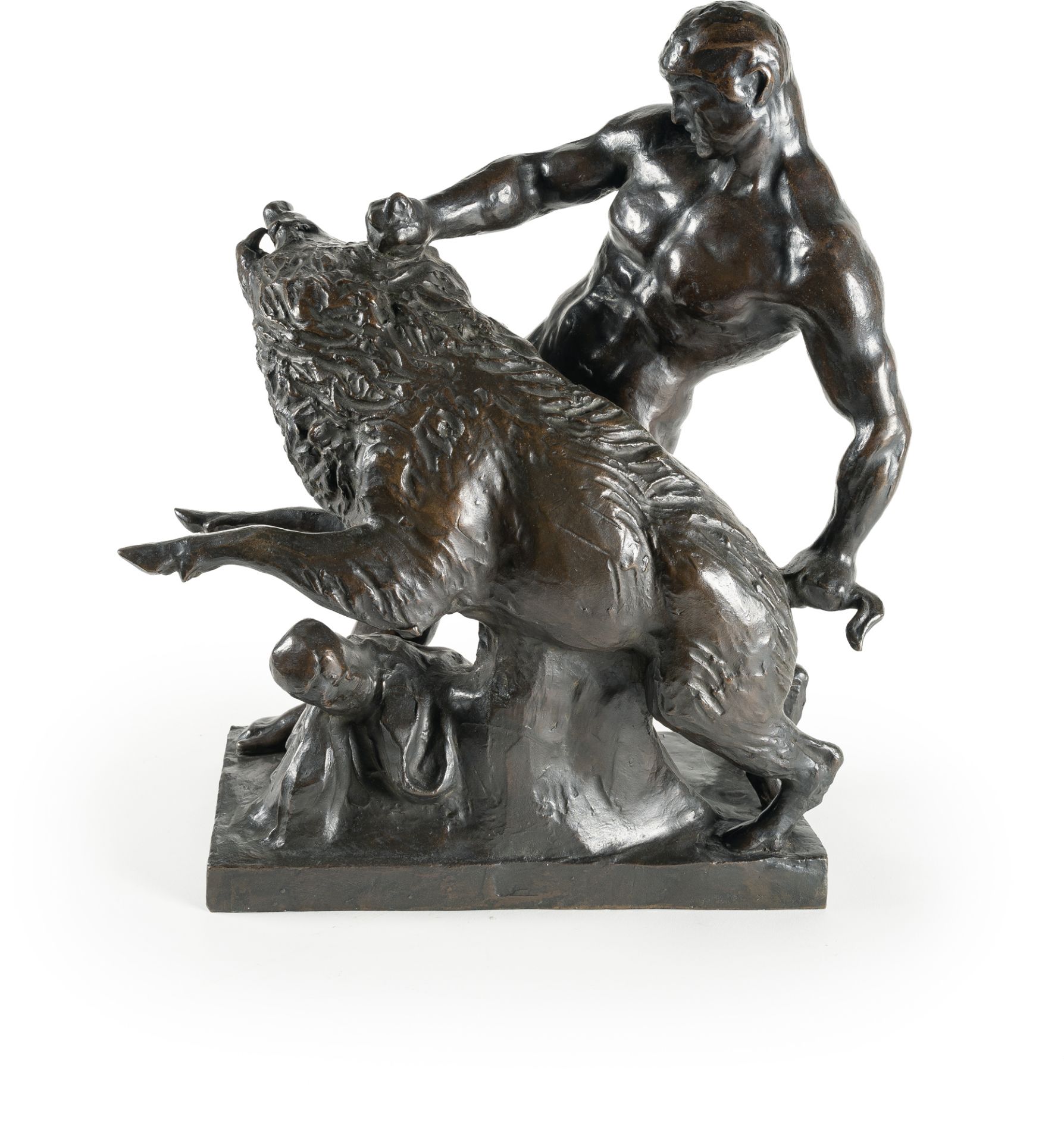 Louis Tuaillon (1862 - Berlin - 1919), Hercules taming the Erymanthian boarBronze with dark brown