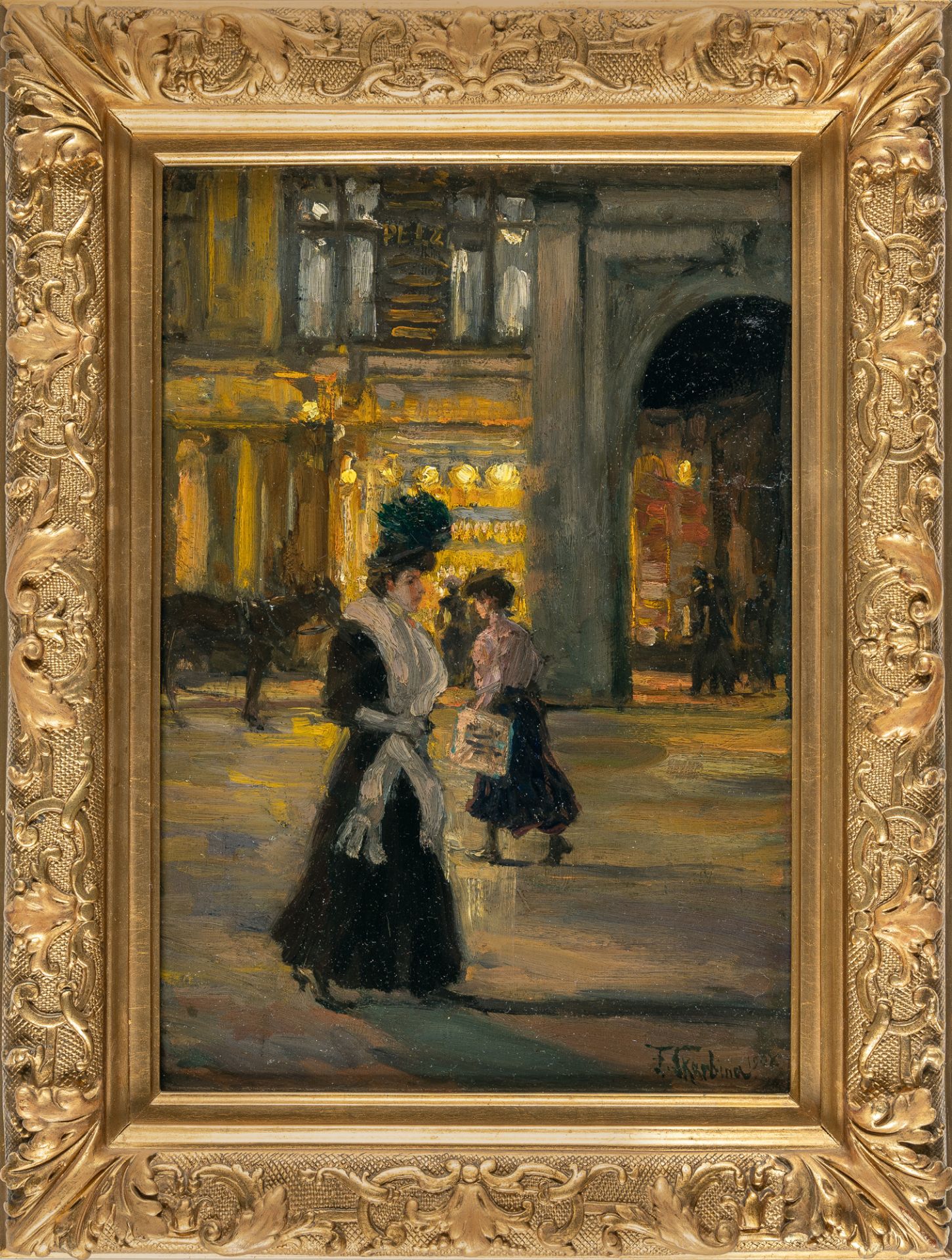 Franz Skarbina (1849 - Berlin - 1910), Berlin street scene by nightOil on cardboard. 1908. Ca. 36. - Image 4 of 4