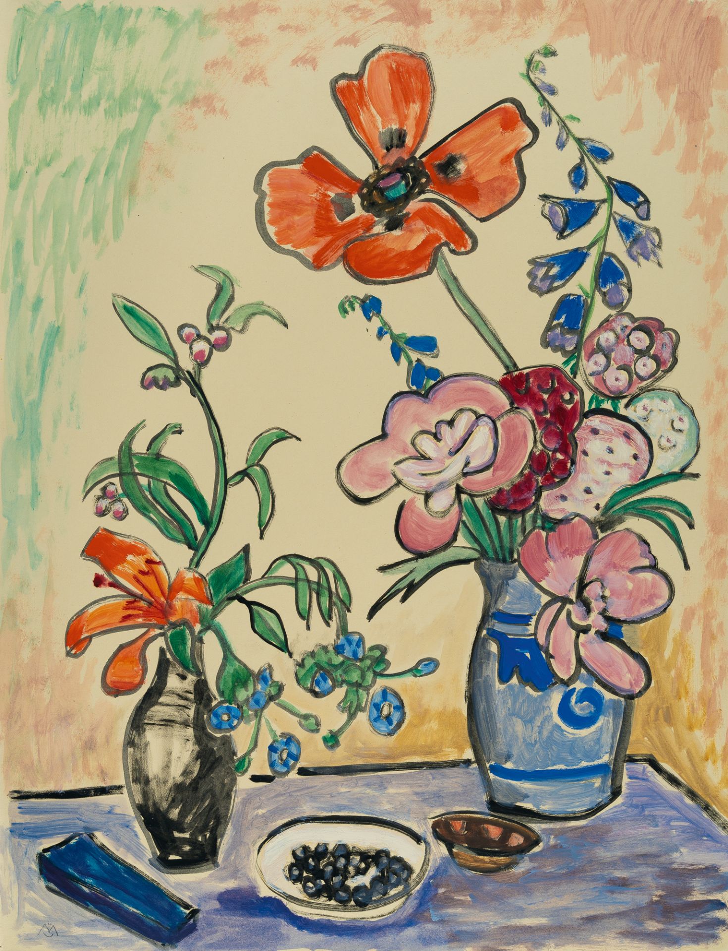 Gabriele Münter (1877 Berlin - Murnau 1962) – Blumen und schwarze Beeren (Zwei Vasen mit Gartenblume