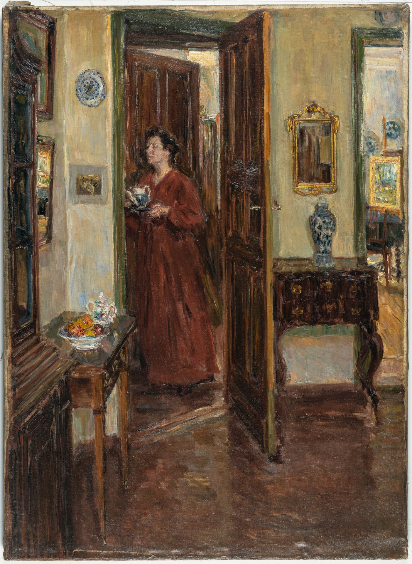 Emil Pottner (1872 Salzburg - seit 1942 vermisst) – Der Morgenkaffee (Junge Frau mit Tablett) (Morni - Bild 2 aus 4