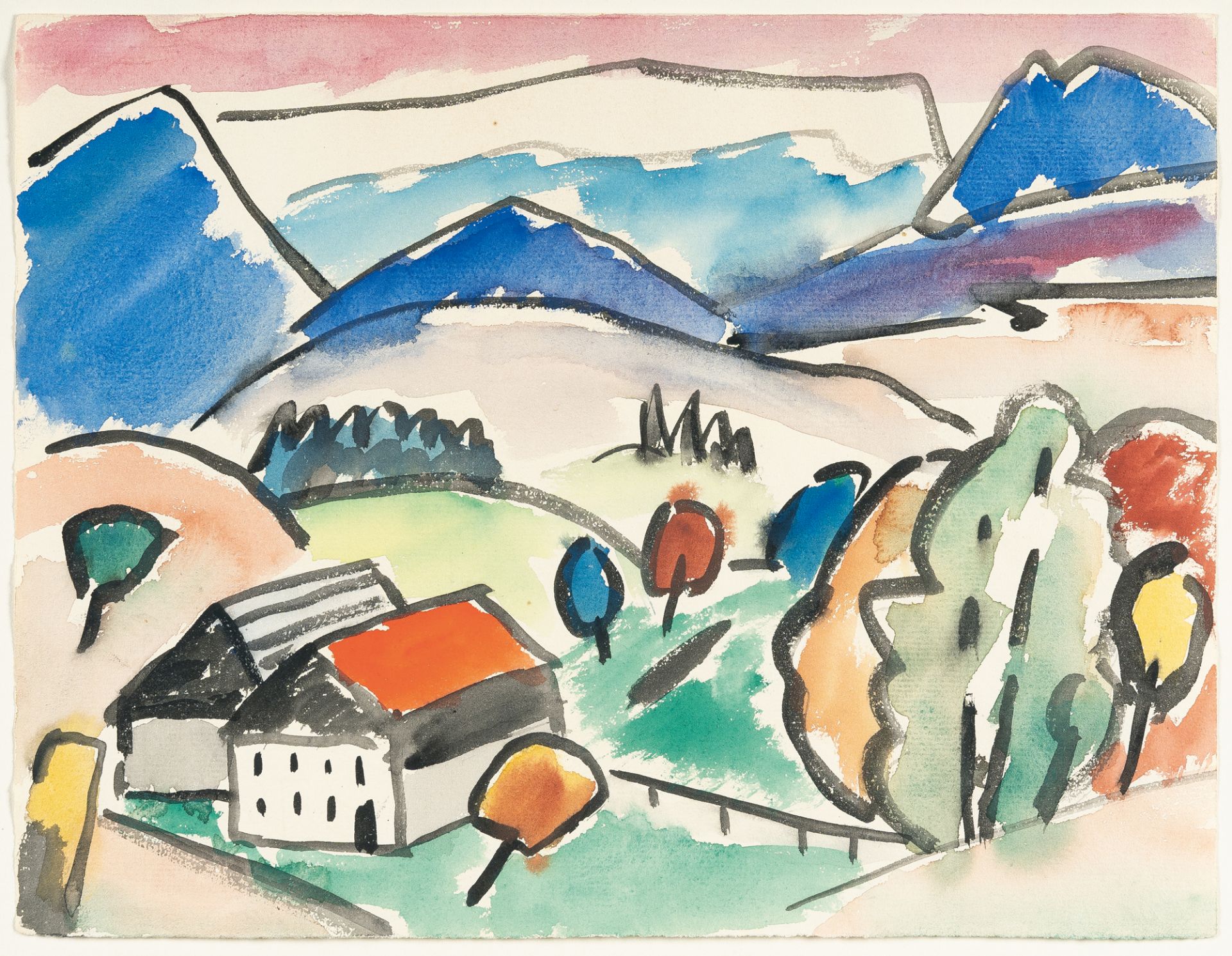 Gabriele Münter (1877 Berlin - Murnau 1962), Weather stone at Guglhör with cottagesWatercolour on - Image 2 of 4