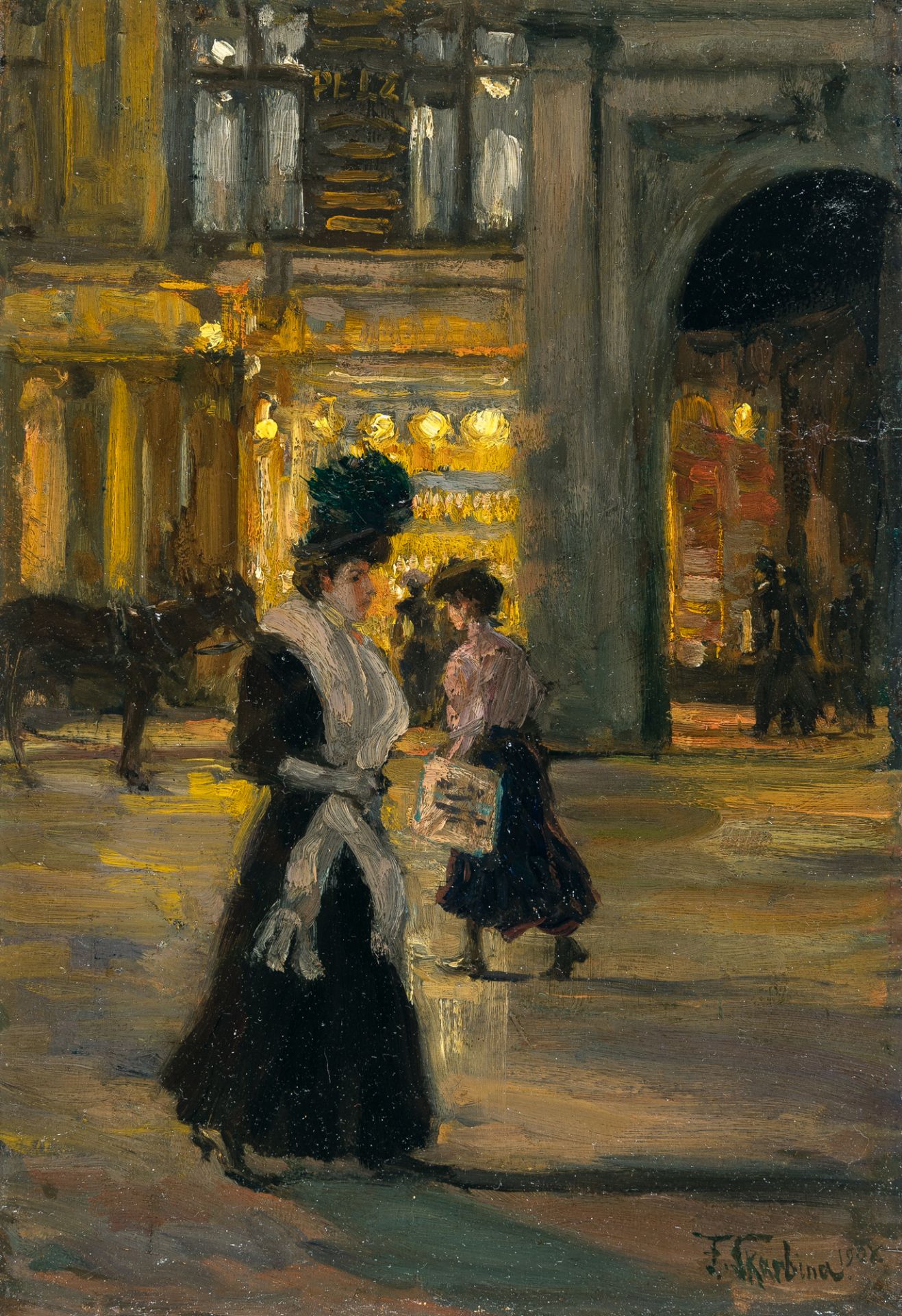 Franz Skarbina (1849 - Berlin - 1910), Berlin street scene by nightOil on cardboard. 1908. Ca. 36.