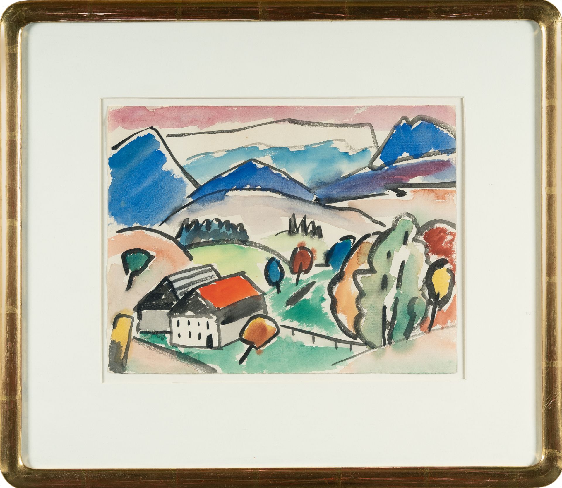 Gabriele Münter (1877 Berlin - Murnau 1962), Weather stone at Guglhör with cottagesWatercolour on - Image 4 of 4