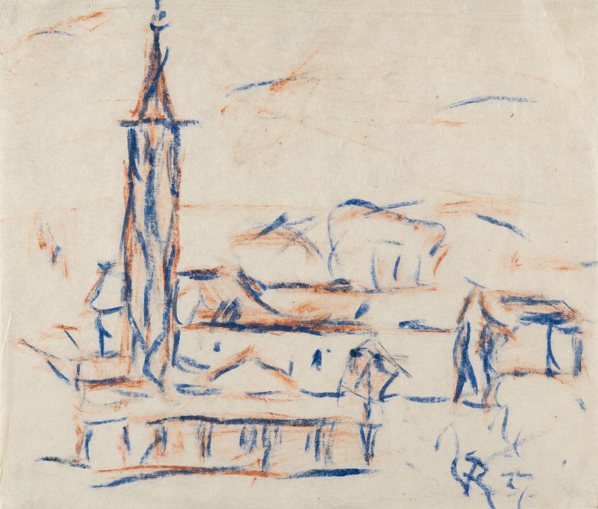 Christian Rohlfs (1849 Niendorf - Hagen 1938), Collegio Church in AsconaBlue and red chalk on