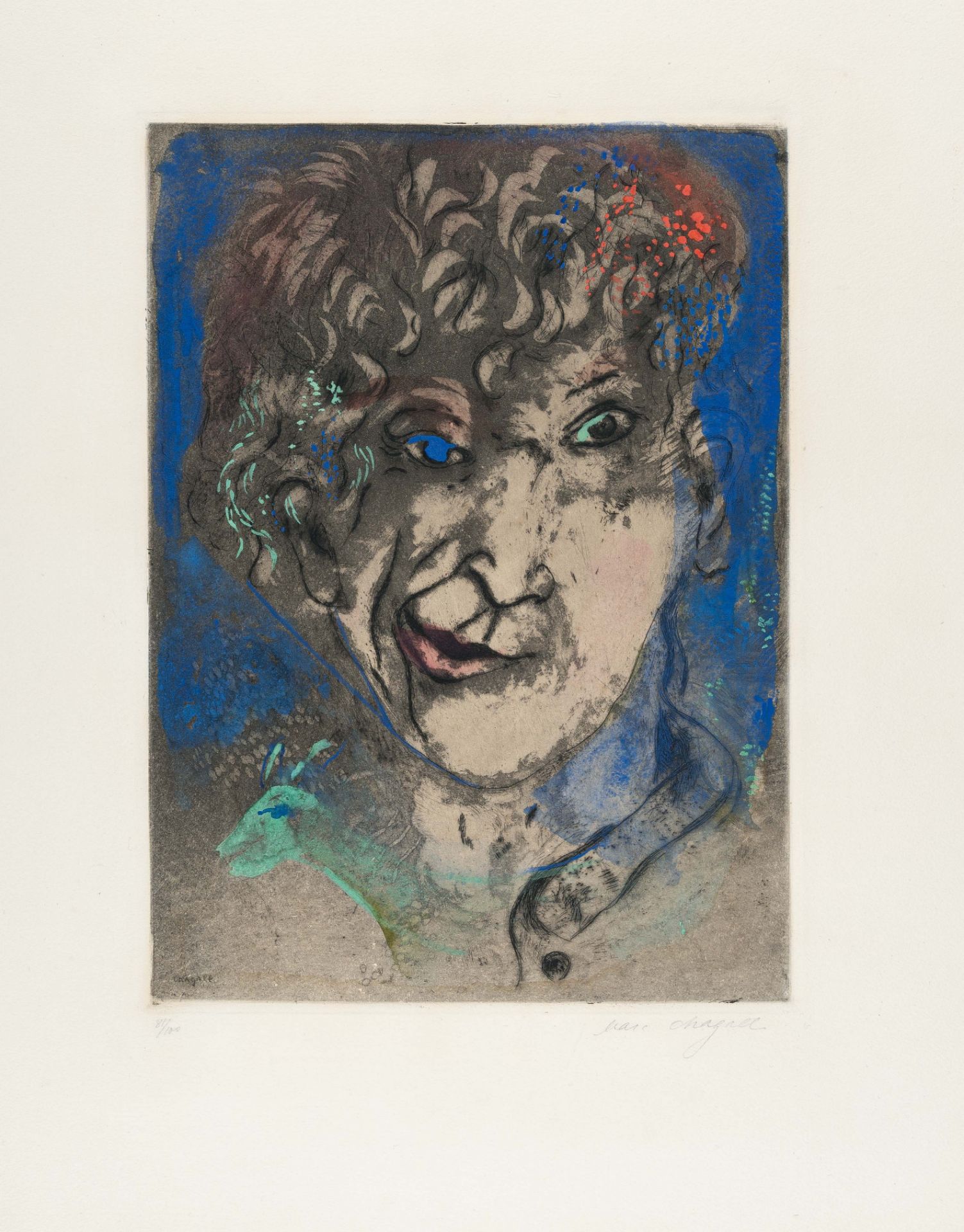 Marc Chagall (1887 Witebsk - Saint-Paul-de-Vence 1985), Self portrait with a grimaceEtching with