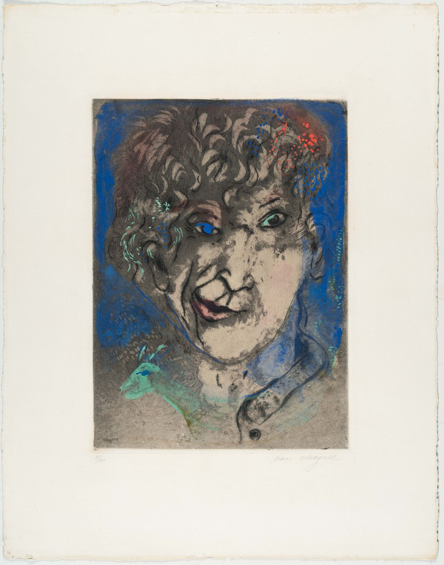 Marc Chagall (1887 Witebsk - Saint-Paul-de-Vence 1985), Self portrait with a grimaceEtching with - Image 2 of 4