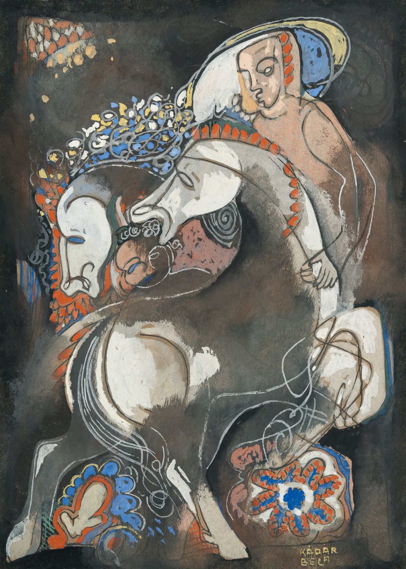 Béla Kádár (1877 - Budapest - 1956), Recto: Two horses – Verso: Figure with a horseGouache and