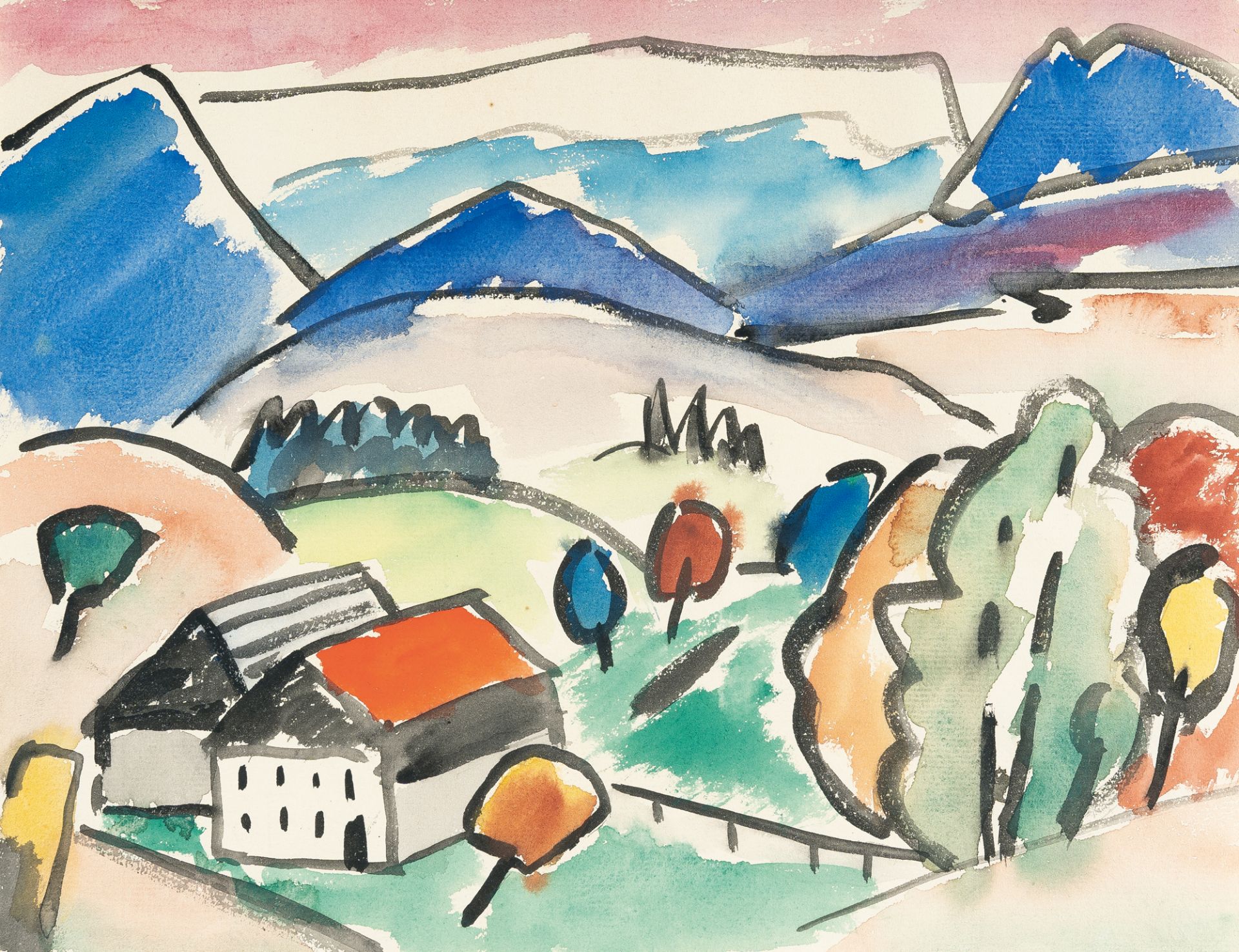 Gabriele Münter (1877 Berlin - Murnau 1962), Weather stone at Guglhör with cottagesWatercolour on