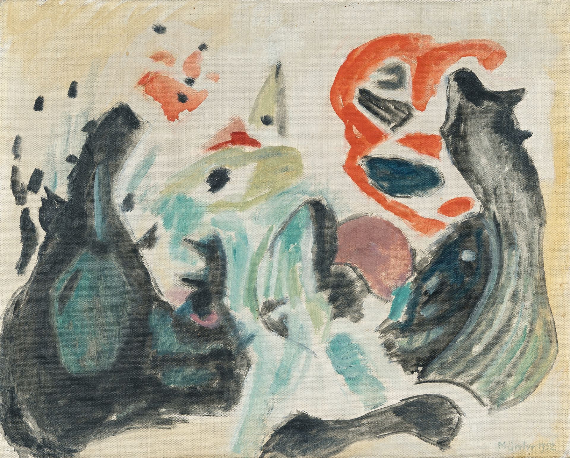Gabriele Münter (1877 Berlin - Murnau 1962), “Black split in two”Oil on canvas. 1952. Ca. 33 x 41