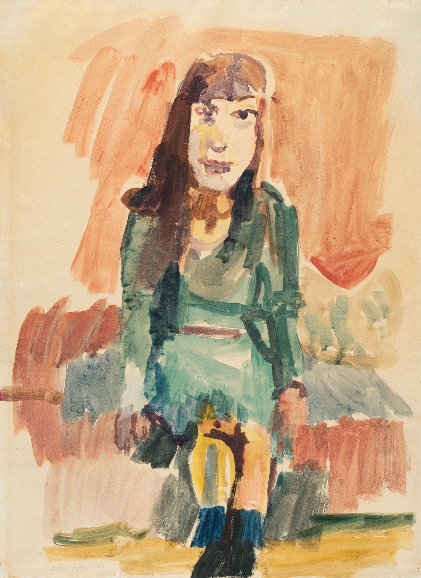 Oskar Kokoschka (1886 Pöchlarn bei Wien - Montreux 1980), Seated girl in a green dressWatercolour on