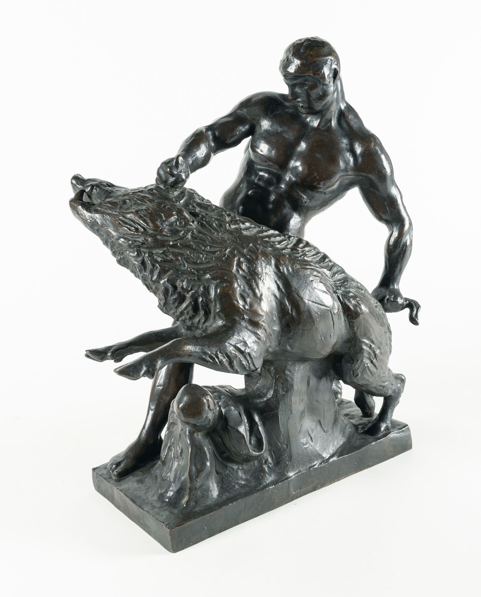 Louis Tuaillon (1862 - Berlin - 1919), Hercules taming the Erymanthian boarBronze with dark brown - Image 2 of 6