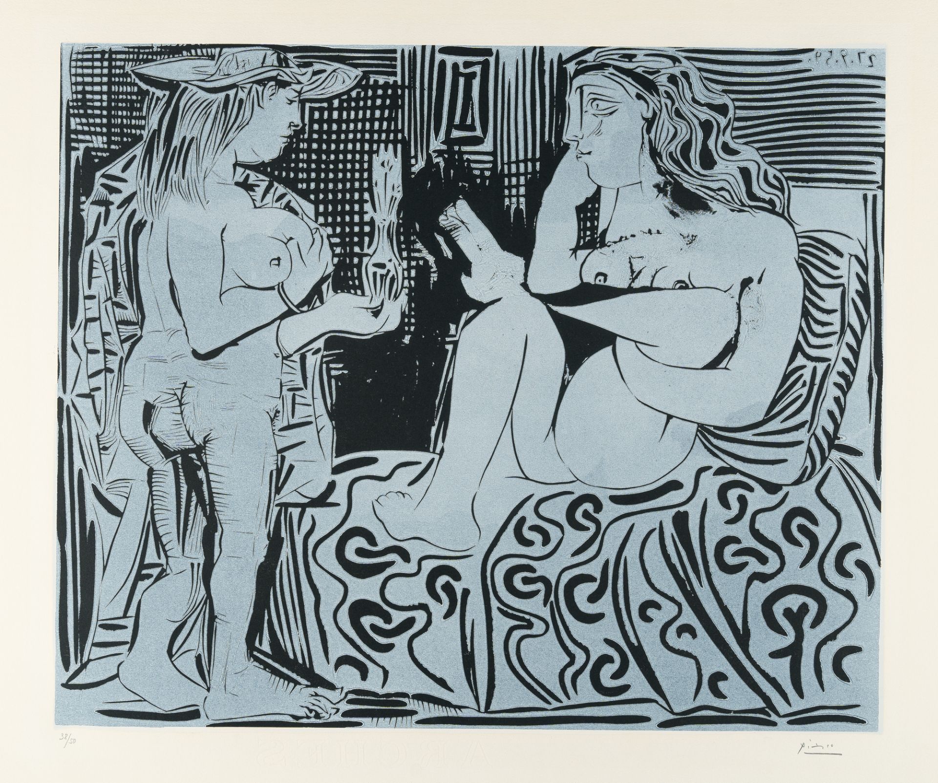 Pablo Picasso (1881 Málaga - Mougins bei Cannes 1973), Deux femmes avec un vase à fleursLino print