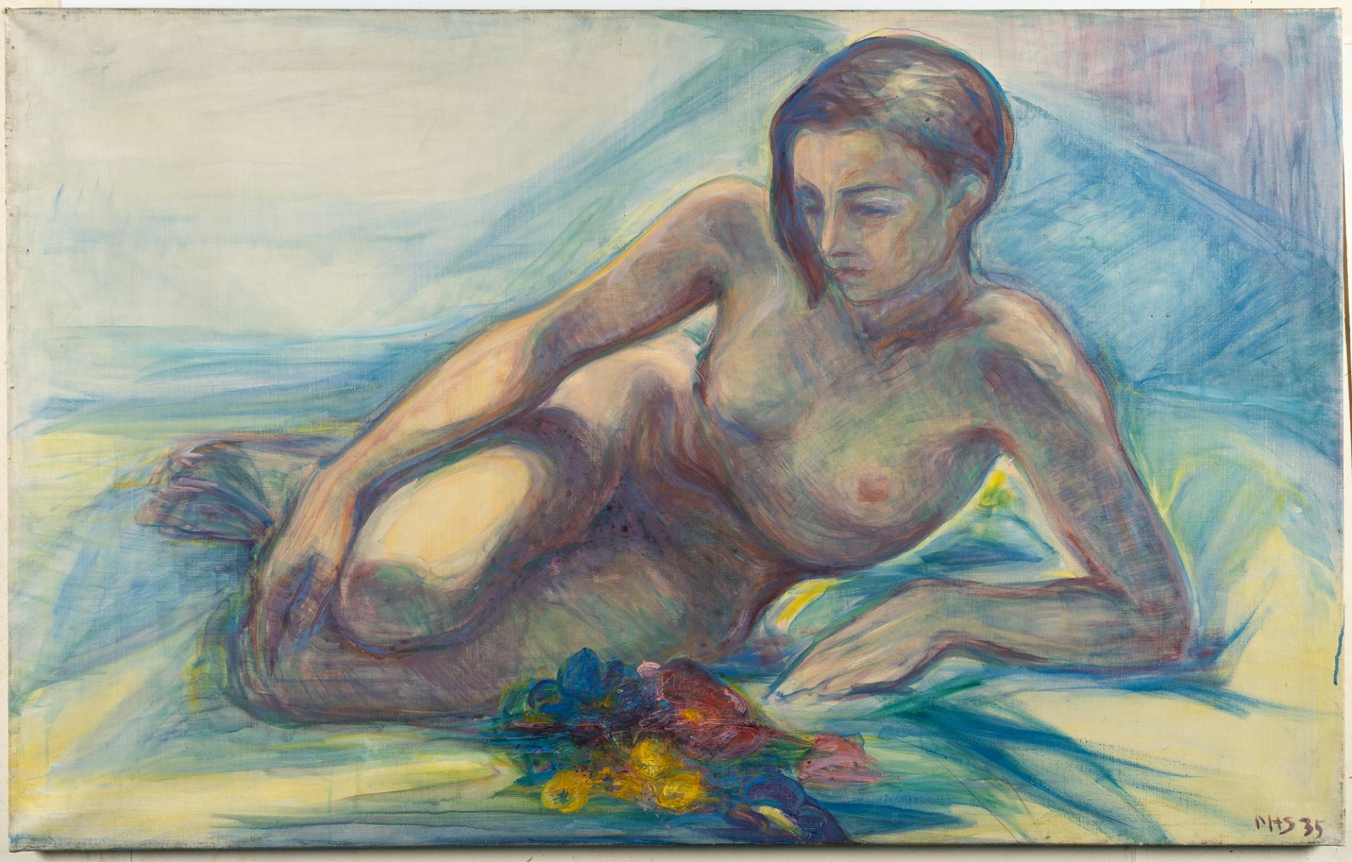 Maria von Heider-Schweinitz (1894 Darmstadt - Frankfurt/Main 1974), Recumbent nude with flowersOil - Image 2 of 3