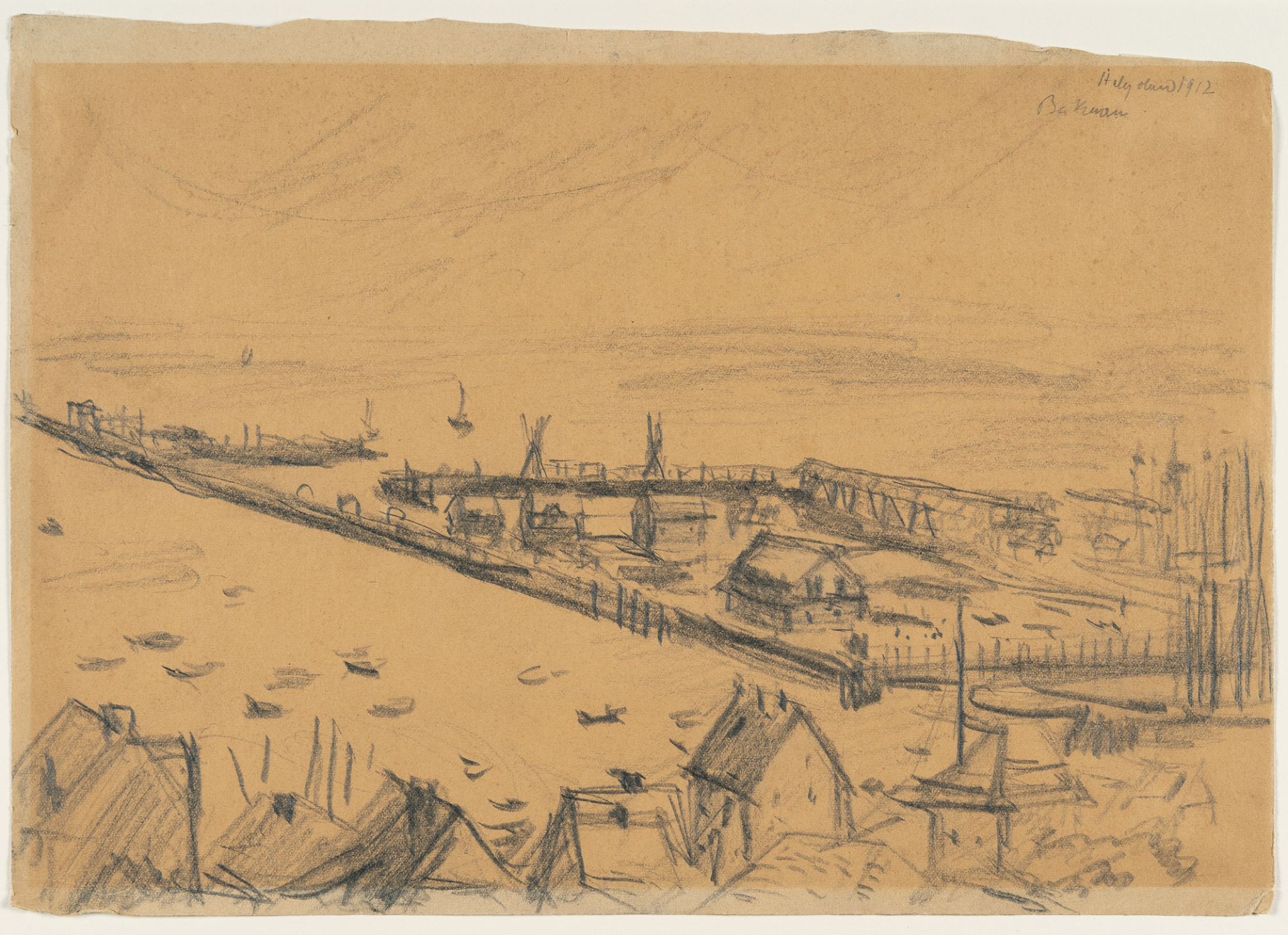 Max Beckmann (1884 Leipzig - New York 1950), View of the harbour of HelgolandPencil on pale brown - Image 2 of 4