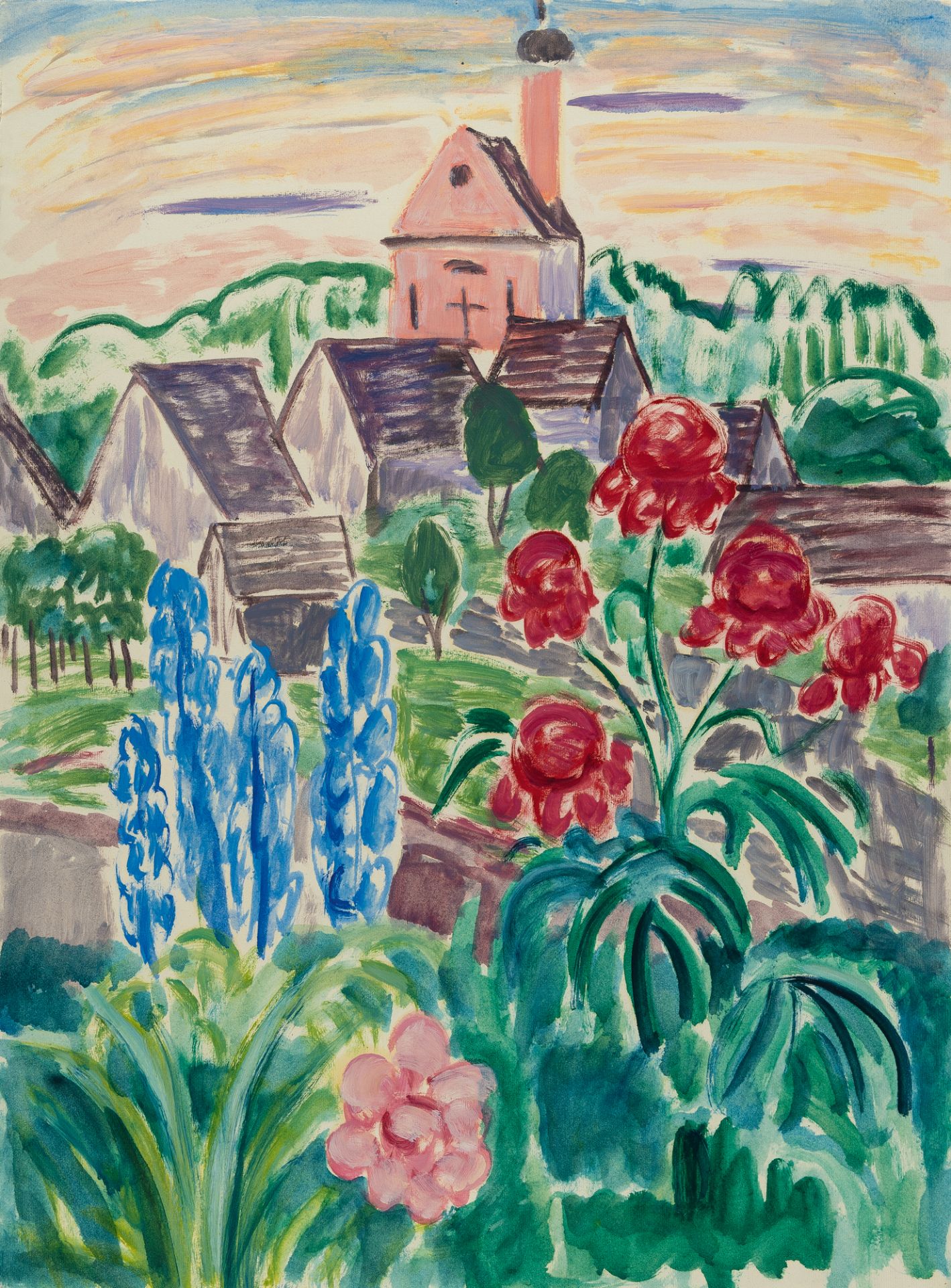 Gabriele Münter (1877 Berlin - Murnau 1962), Blooming garden in MurnauOil on Ingres laid paper. (