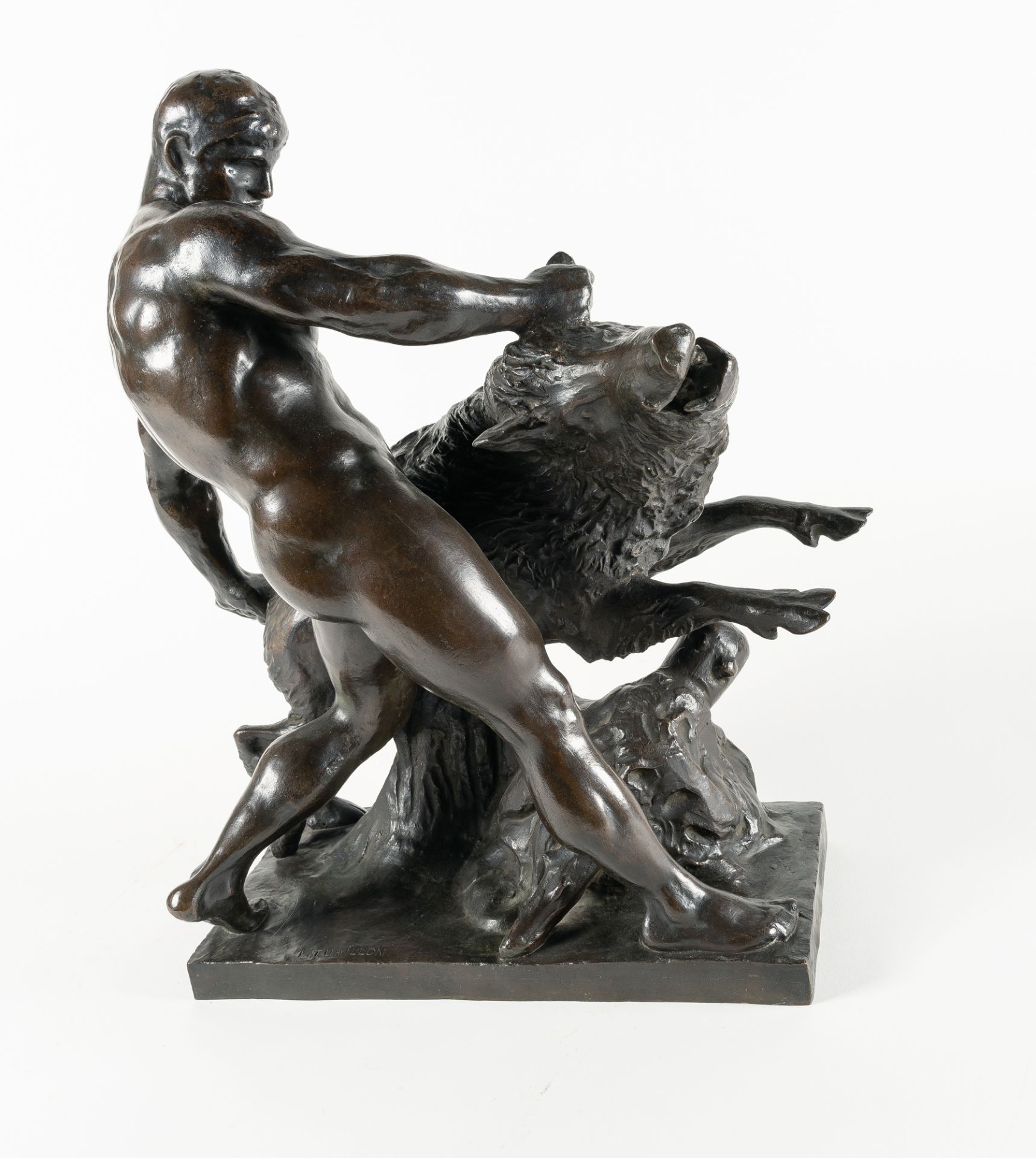 Louis Tuaillon (1862 - Berlin - 1919), Hercules taming the Erymanthian boarBronze with dark brown - Image 3 of 6