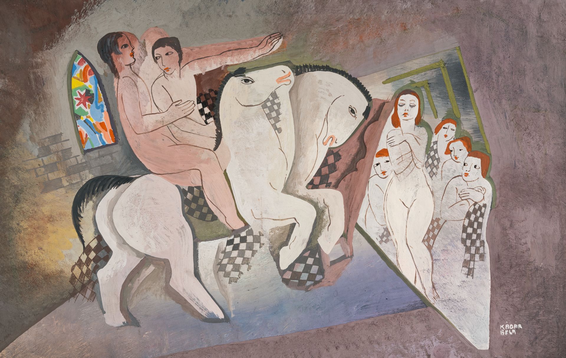 Béla Kádár (1877 - Budapest - 1956) – Reiterpaar mit zwei Pferden (Pair of riders with two horses)