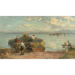Josef Wopfner, Loading a hay barge on the banks of the Chiemsee.Oil on cardboard. (After 1900). 26.7